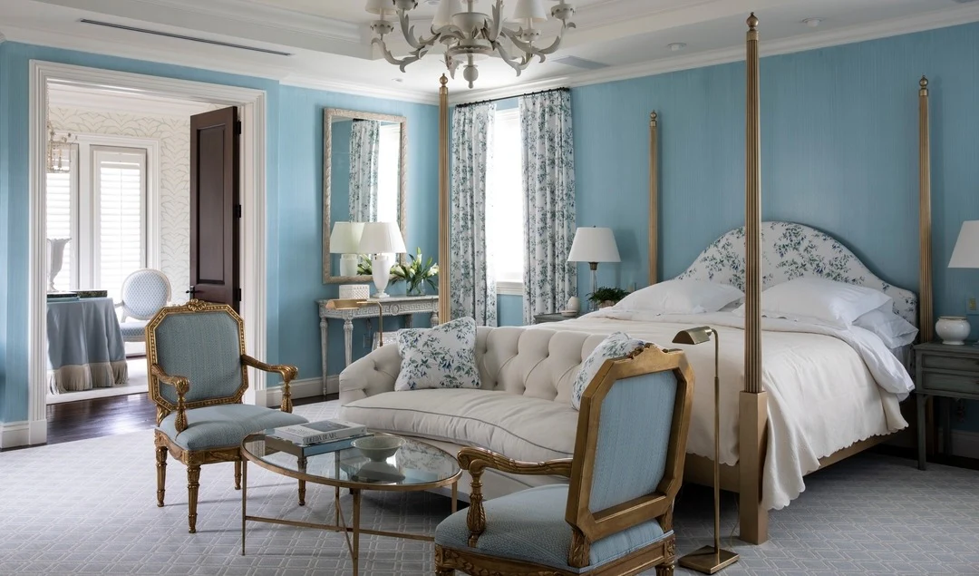 Break Up Navy Walls With a Floral Headboard