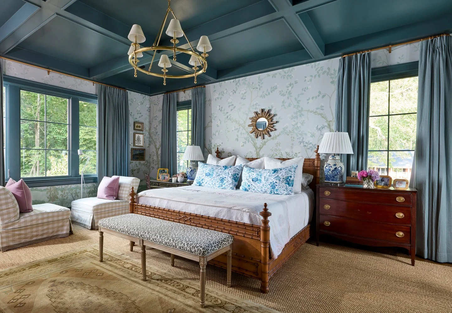 Dark Teal Coffered Ceiling Adds Dramatic Depth
