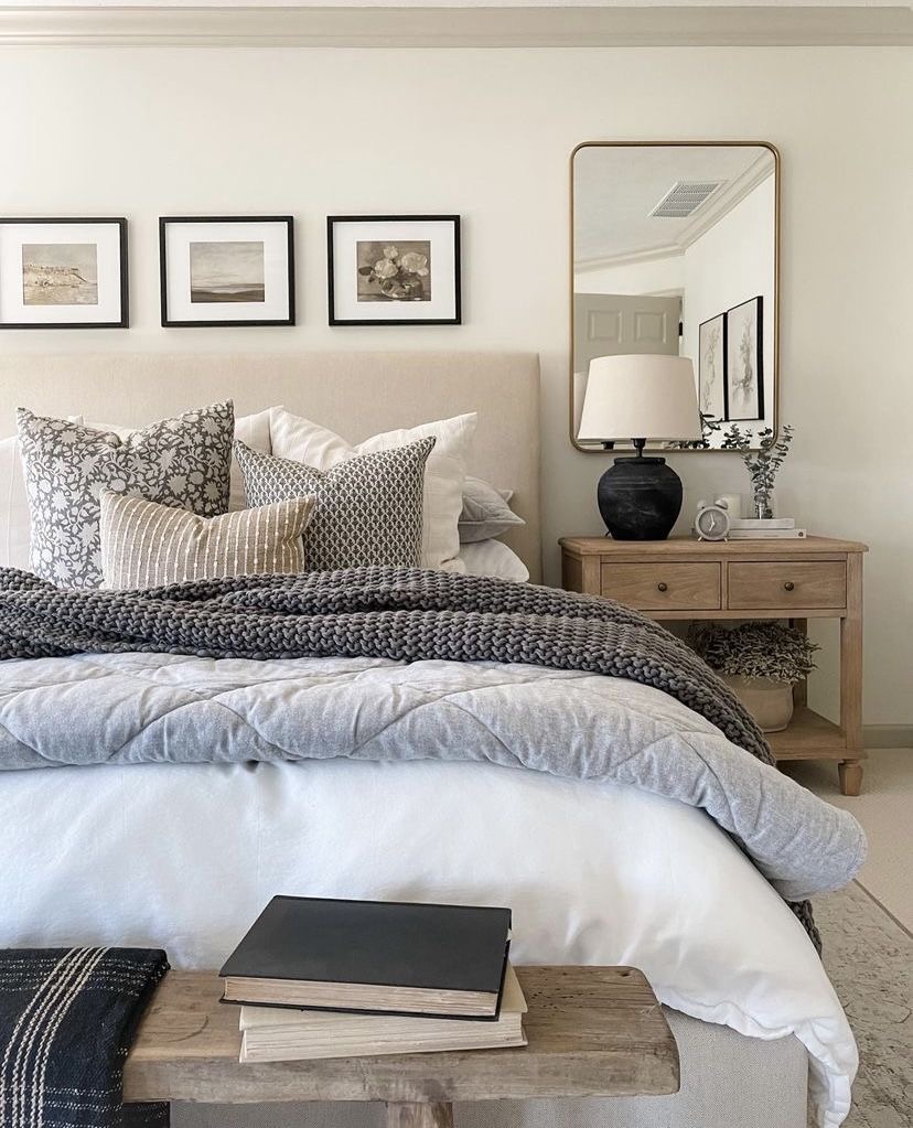 Three Square Art Pieces Frame Serene Scenes Above Bed