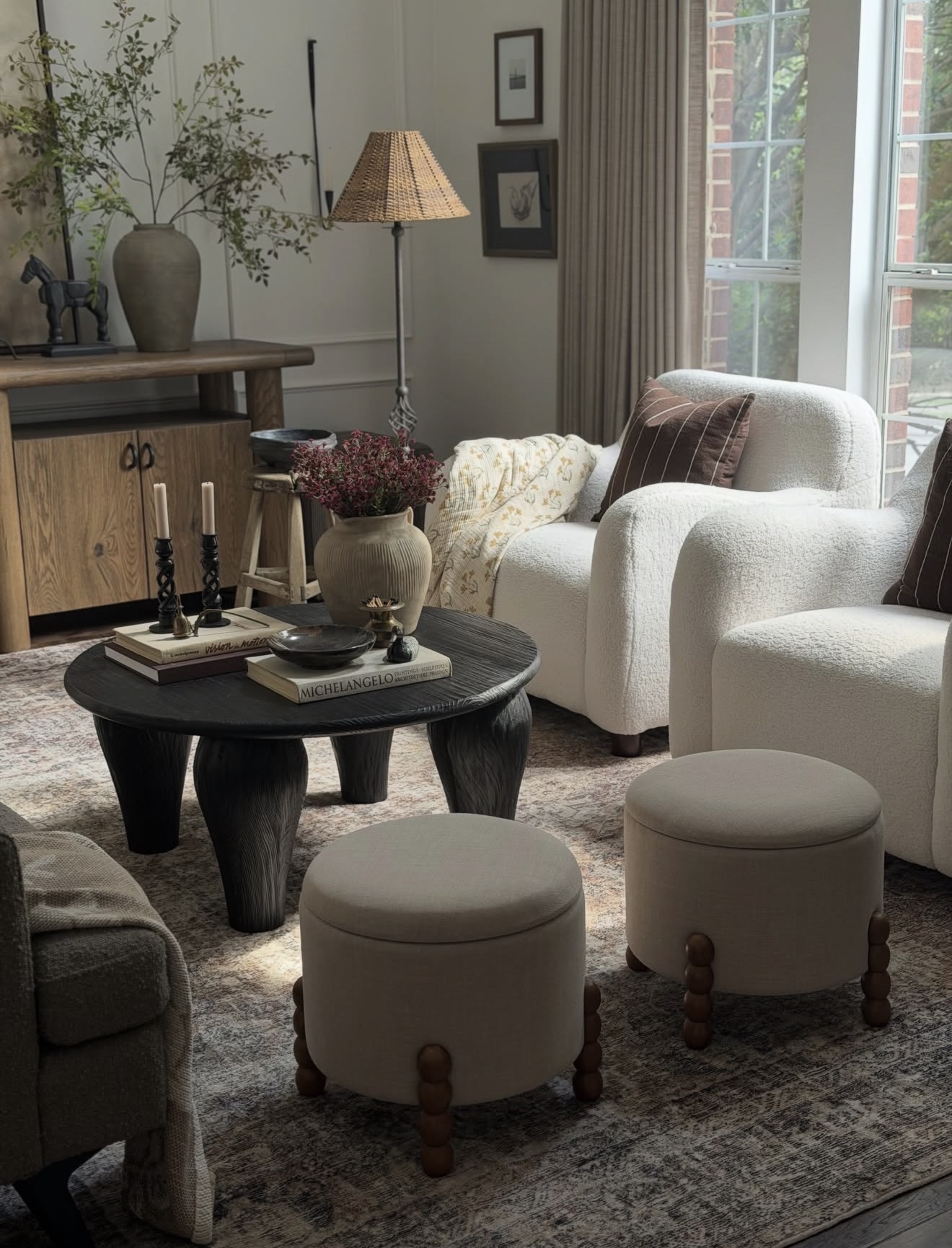Incorporate Round Ottomans with Playful Wooden Bead Legs