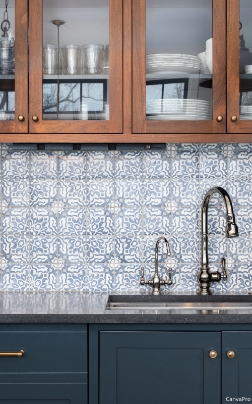 Patterned Tile Backsplash Adds Rustic Charm to Dark Cabinets