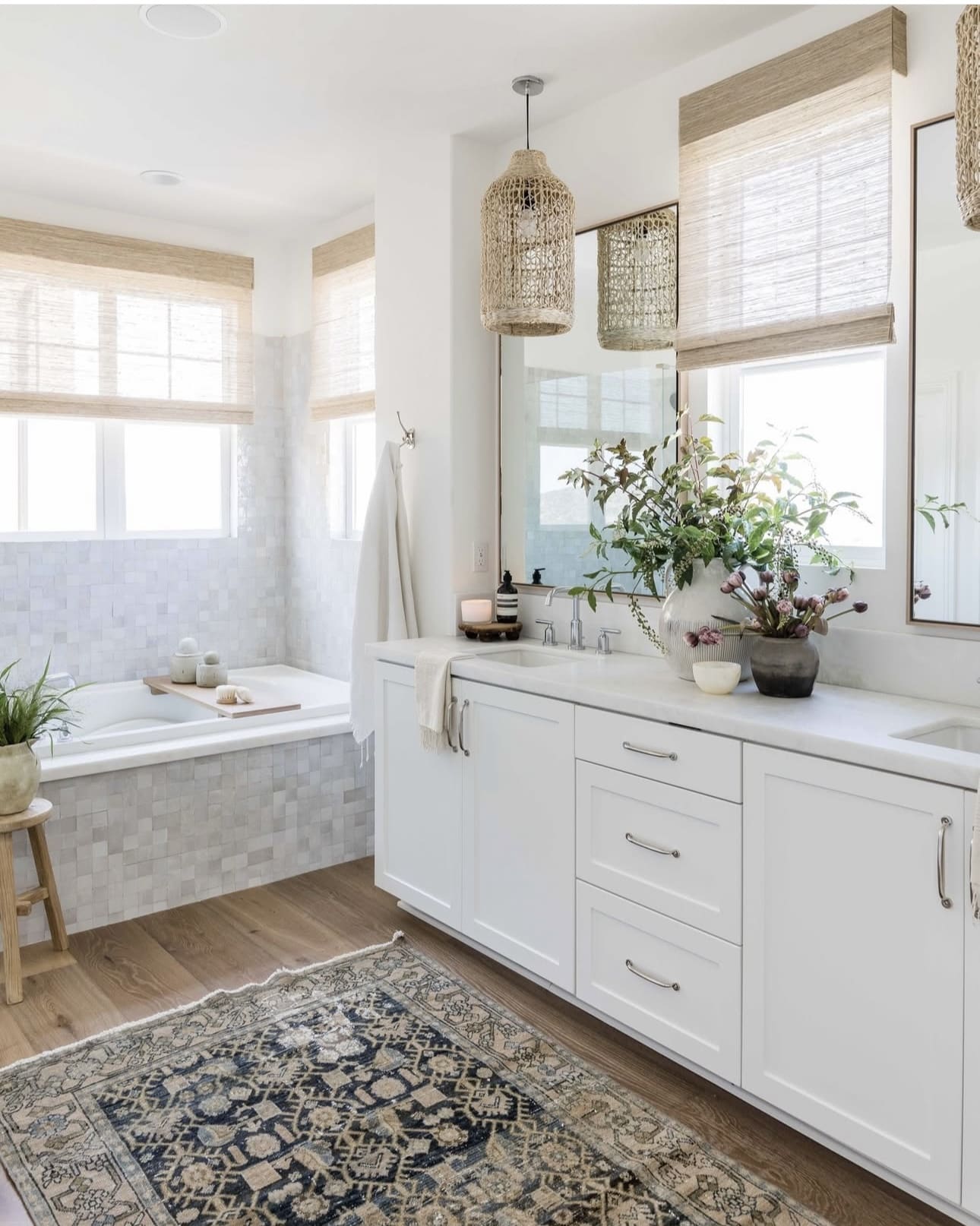 Woven Pendant Lights Add Coastal Texture Above the Vanity