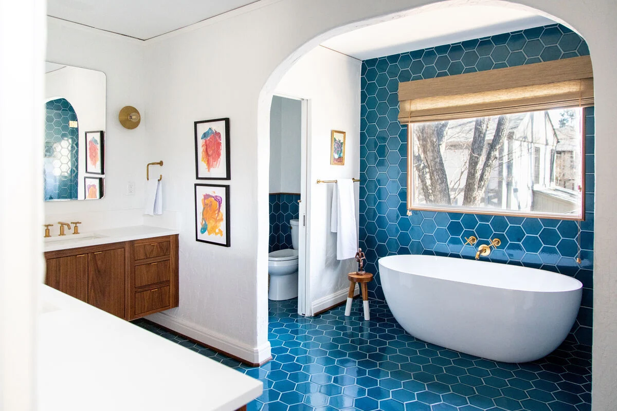 Hexagonal Tiles Create a Bold Blue Bathroom Statement