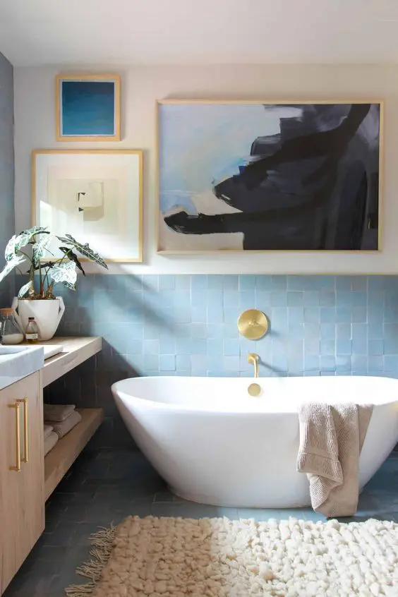 Group Abstract Art to Add Serene Color Above the Tub