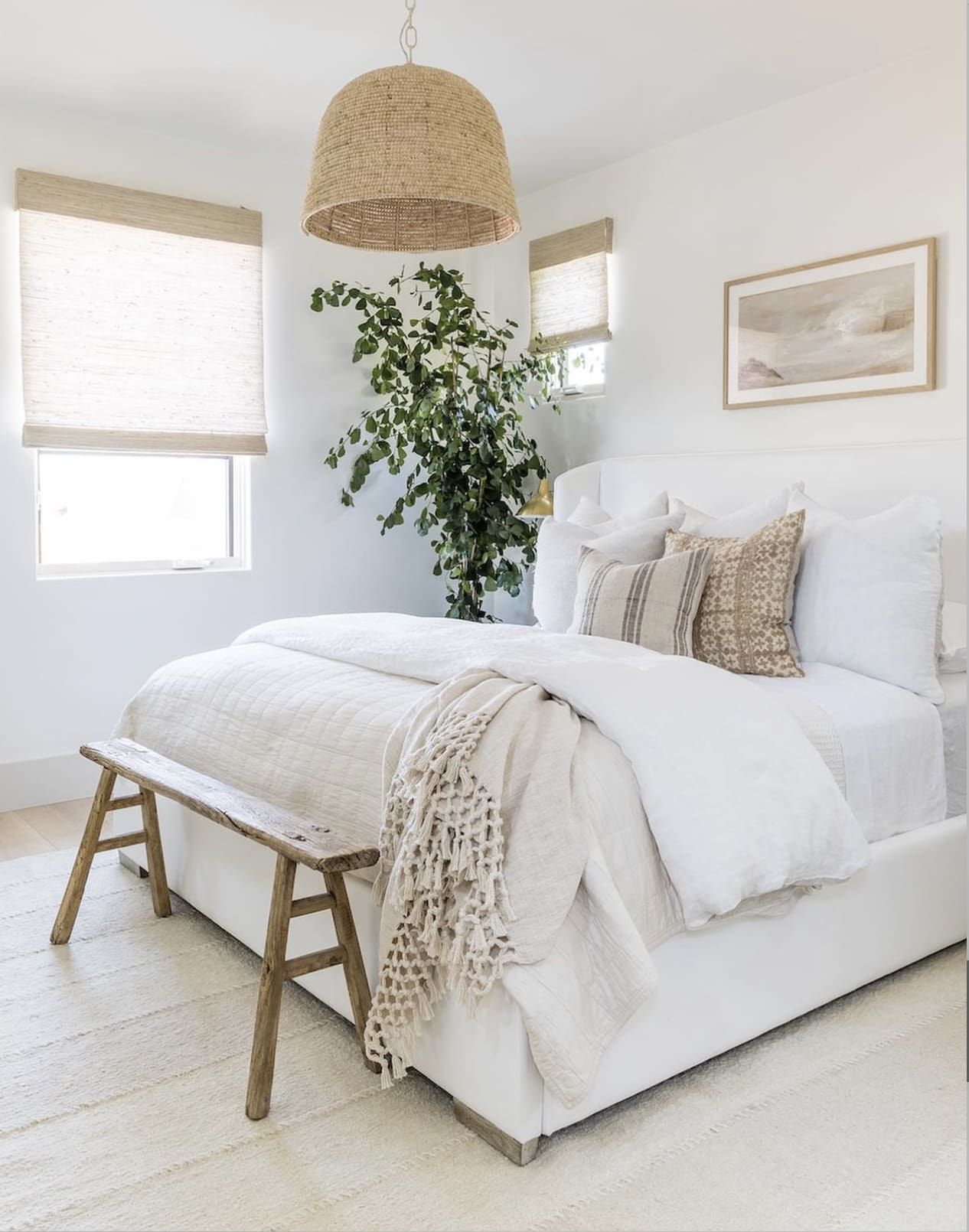 Rustic Wooden Bench Adds Natural Charm at Foot of Bed