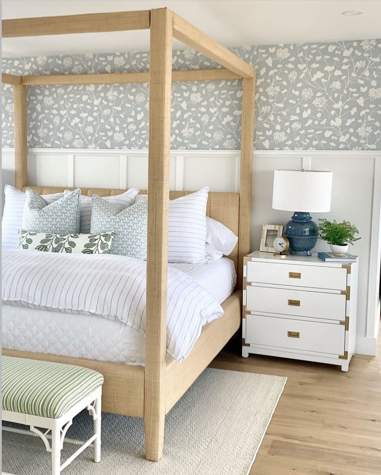 Floral Wallpaper Adds Soft Pattern Above Board-and-Batten Wainscoting