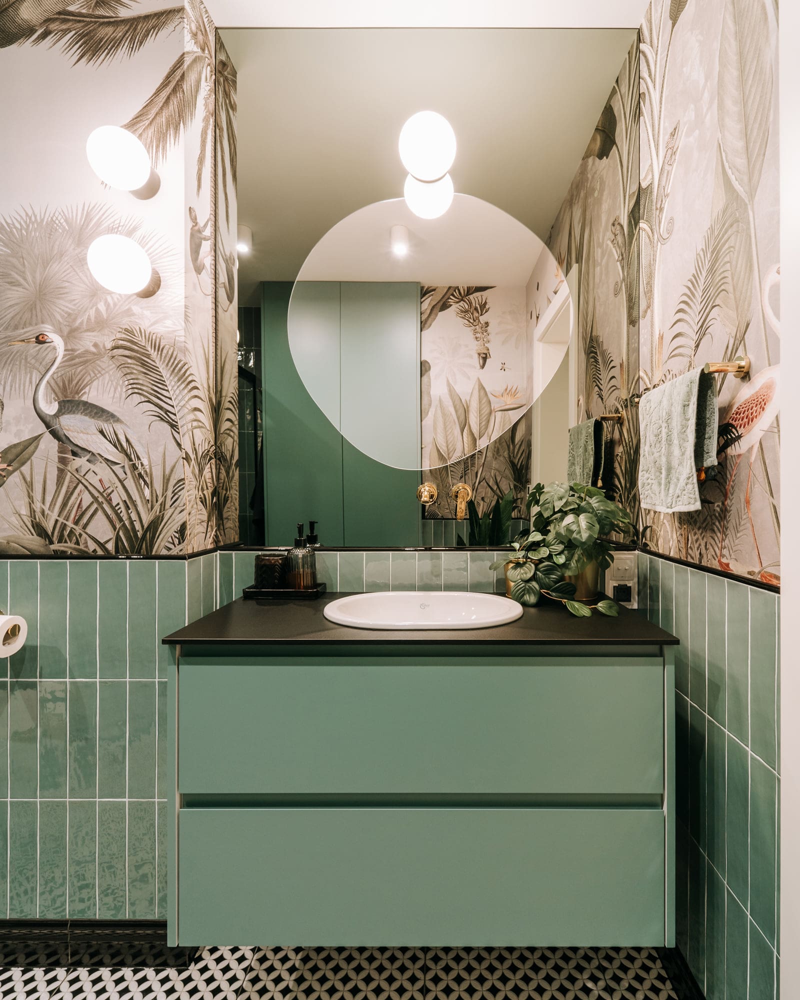 Botanical Wallpaper Adds a Natural Element to Sage Green Tiles