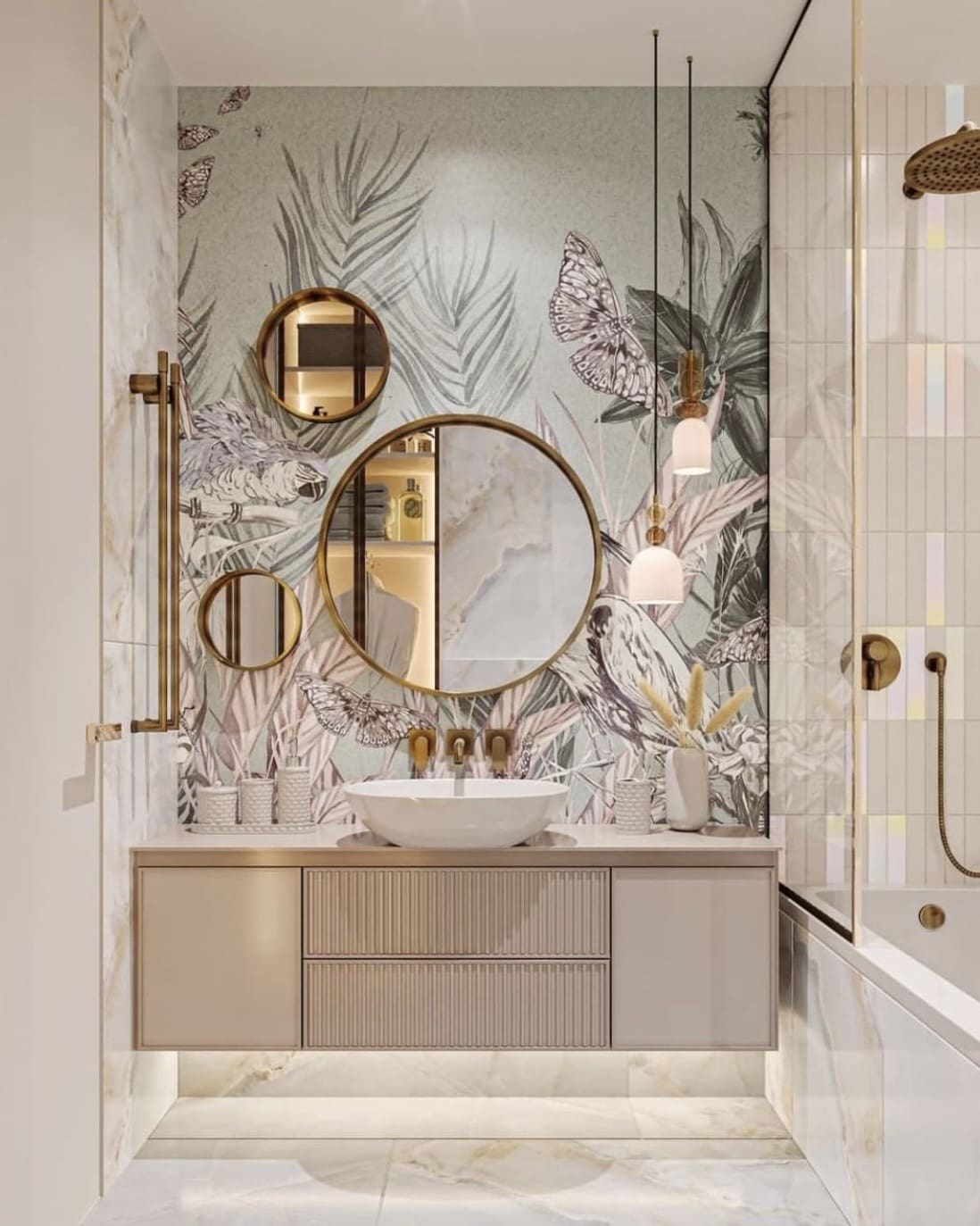 Adorn Walls with a Botanical Mural Featuring Birds and Butterflies