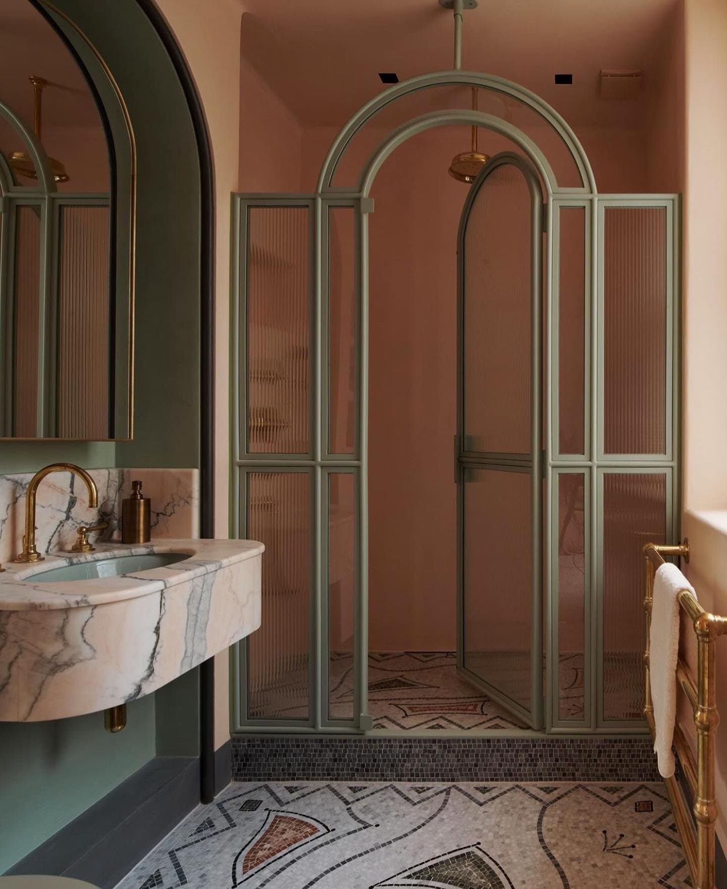 Define Your Shower with an Arched Sage Green Enclosure