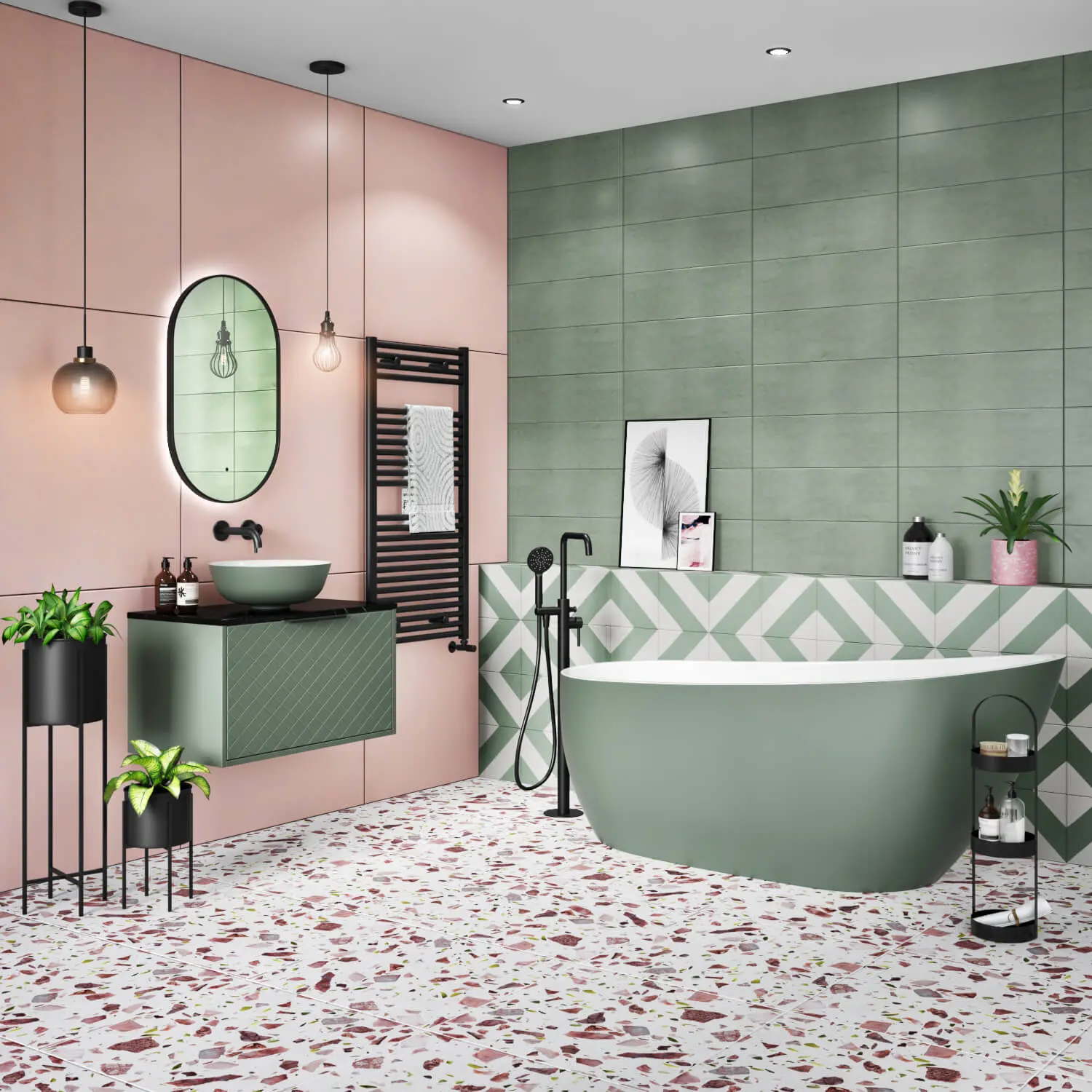 Sage green tub with chevron tile accent wall