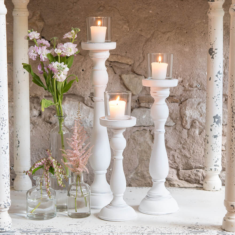 Group Distressed White Pedestal Candle Holders