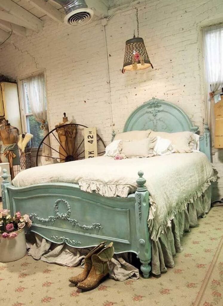 Choose a Distressed Aqua Bed Frame with Floral Molding
