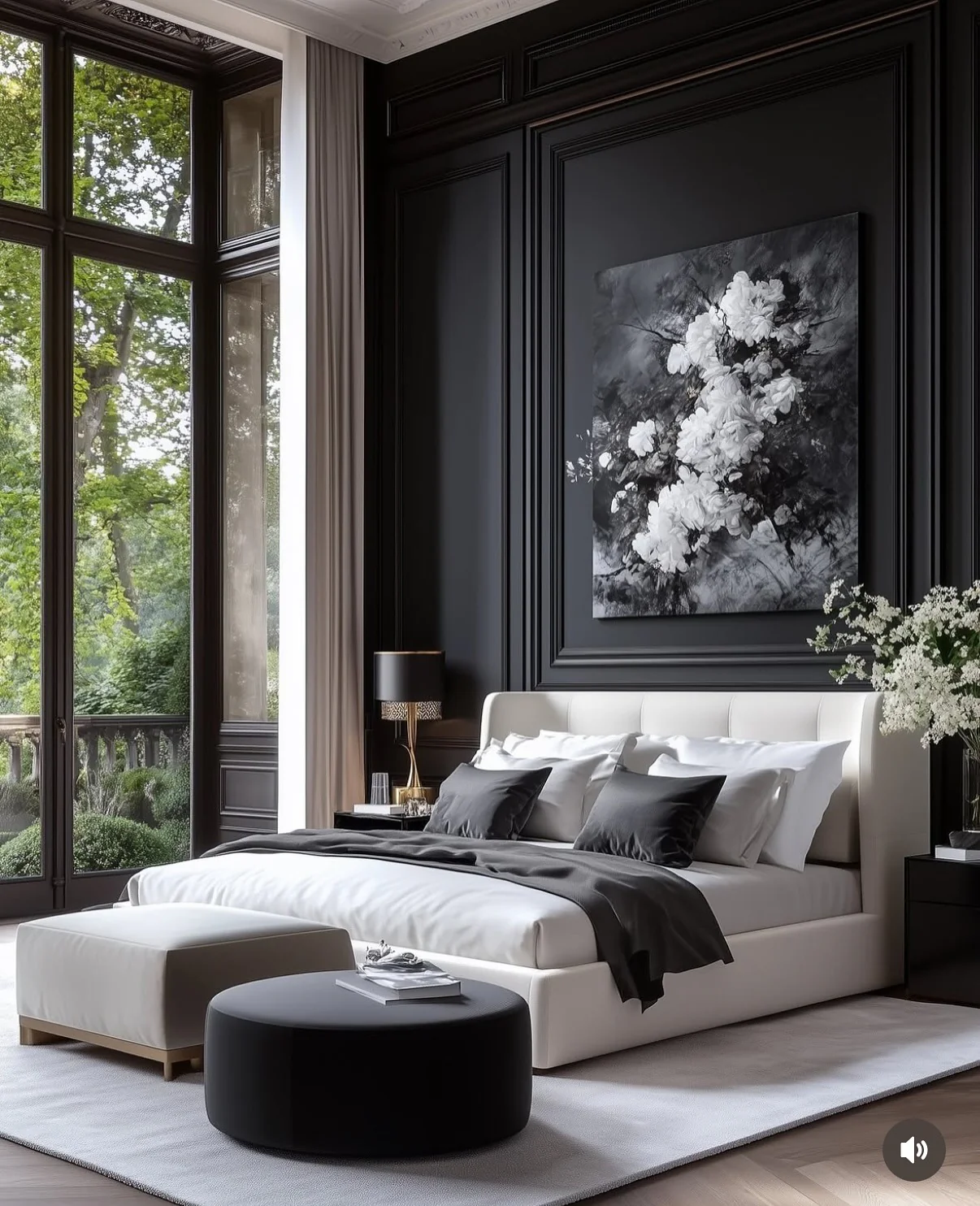 Monochromatic Floral Art Creates a Dramatic Bedroom Focal Point