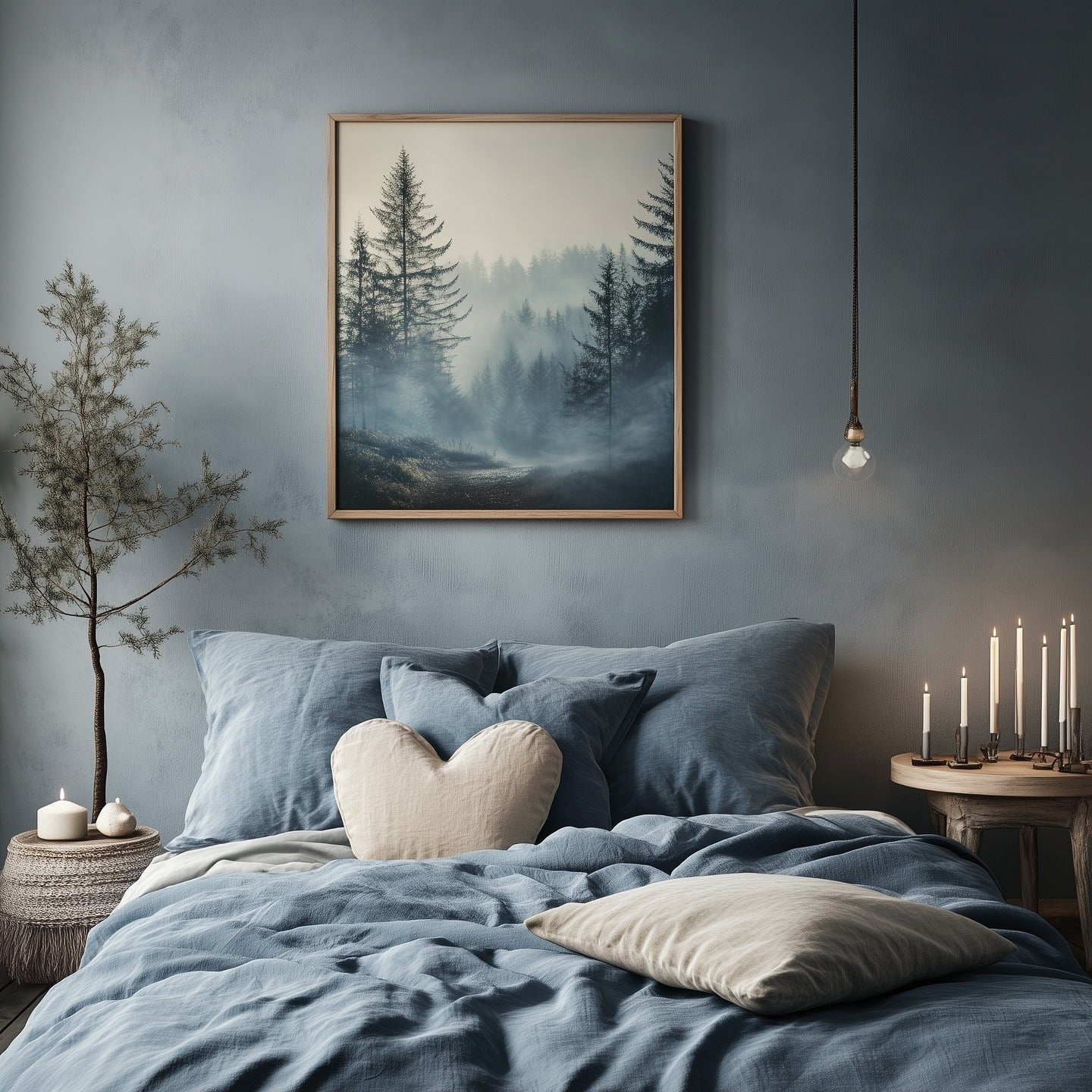 Misty Forest Artwork Creates a Serene Bedroom Focal Point
