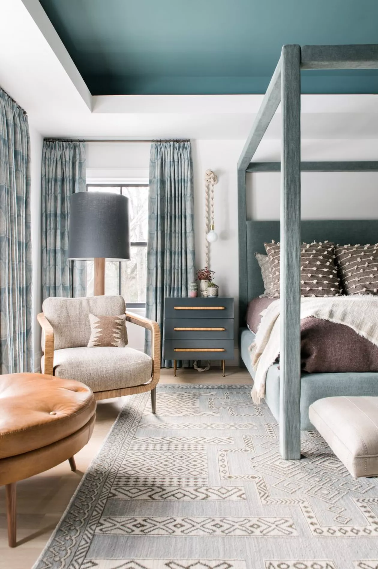 Deep Teal Ceiling Creates a Dramatic, Layered Look