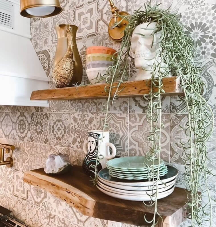 Live-Edge Shelves Display Stacked Plates and Artful Mugs