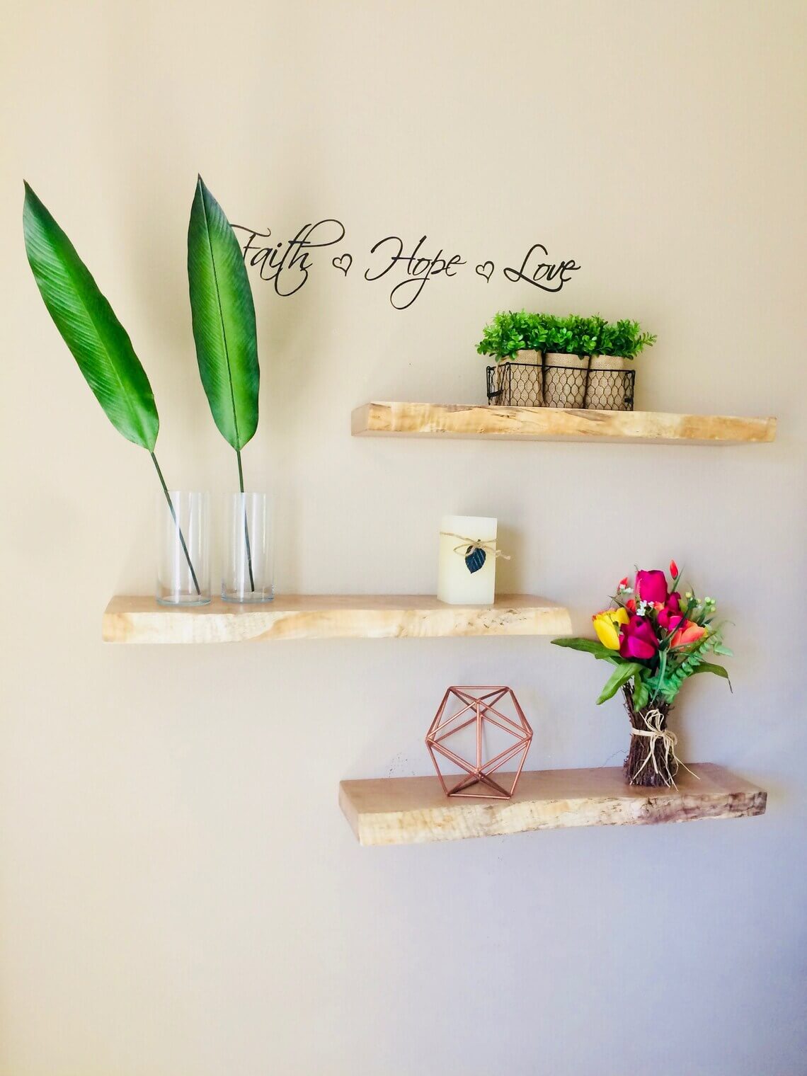 Live-Edge Shelves Hold Copper Accent and Bright Bouquet