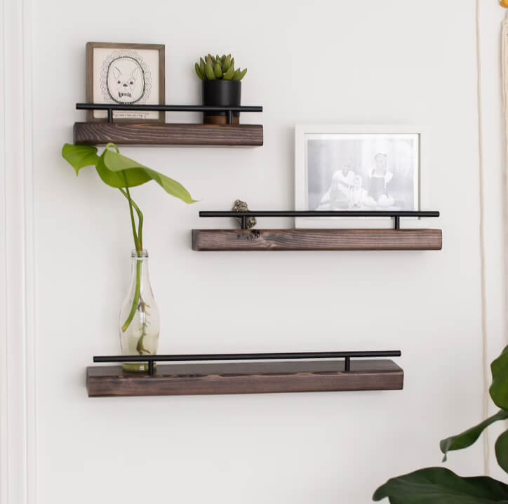Dark Wood Shelves With Minimalist Black Rods
