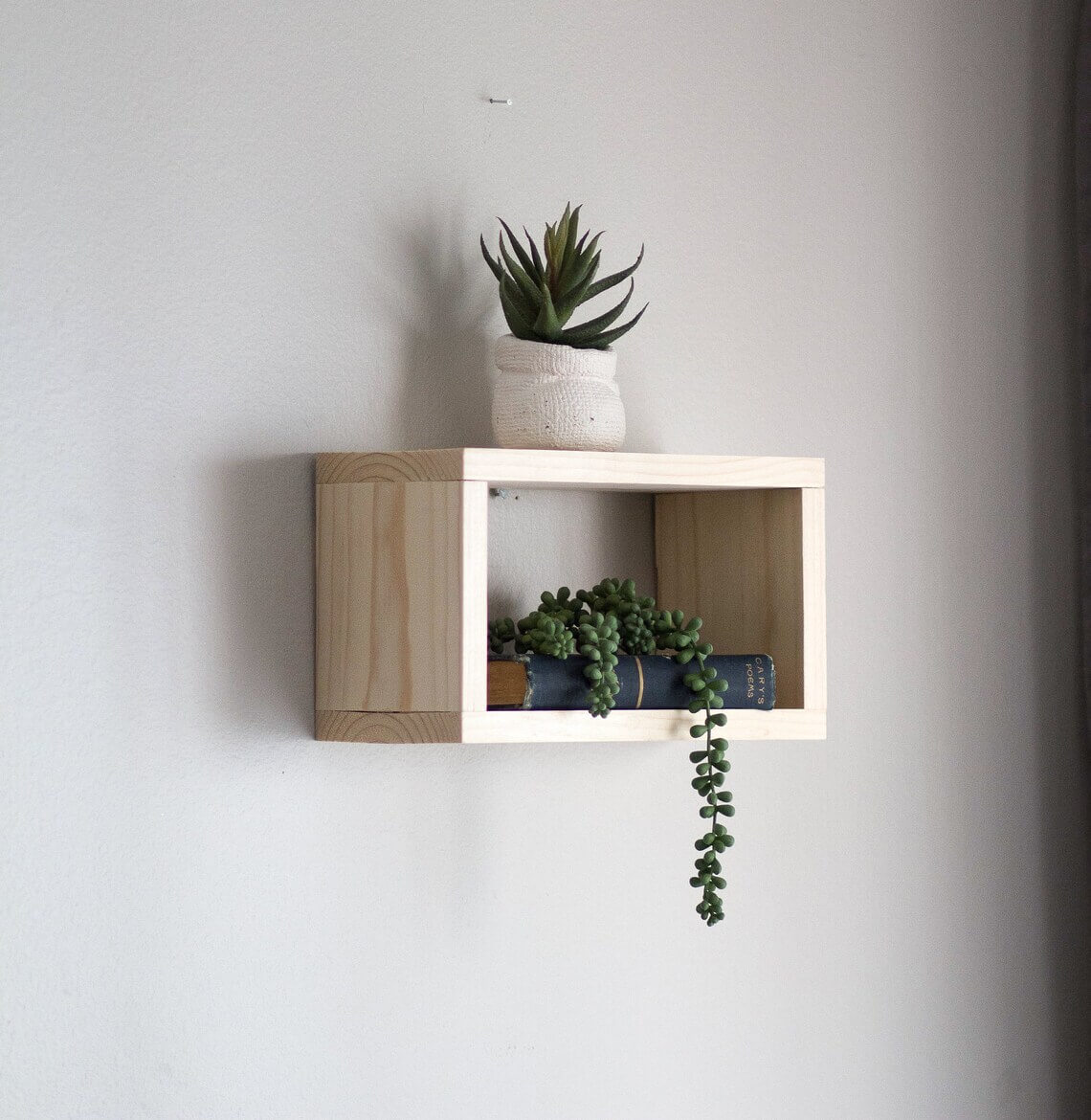 Light Wood Box Shelf Displays Cascading Greenery