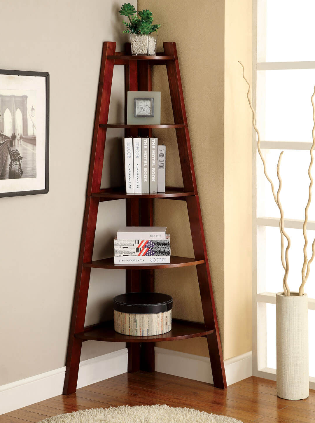 Utilize Corner Space with a Dark Wood Ladder Shelf