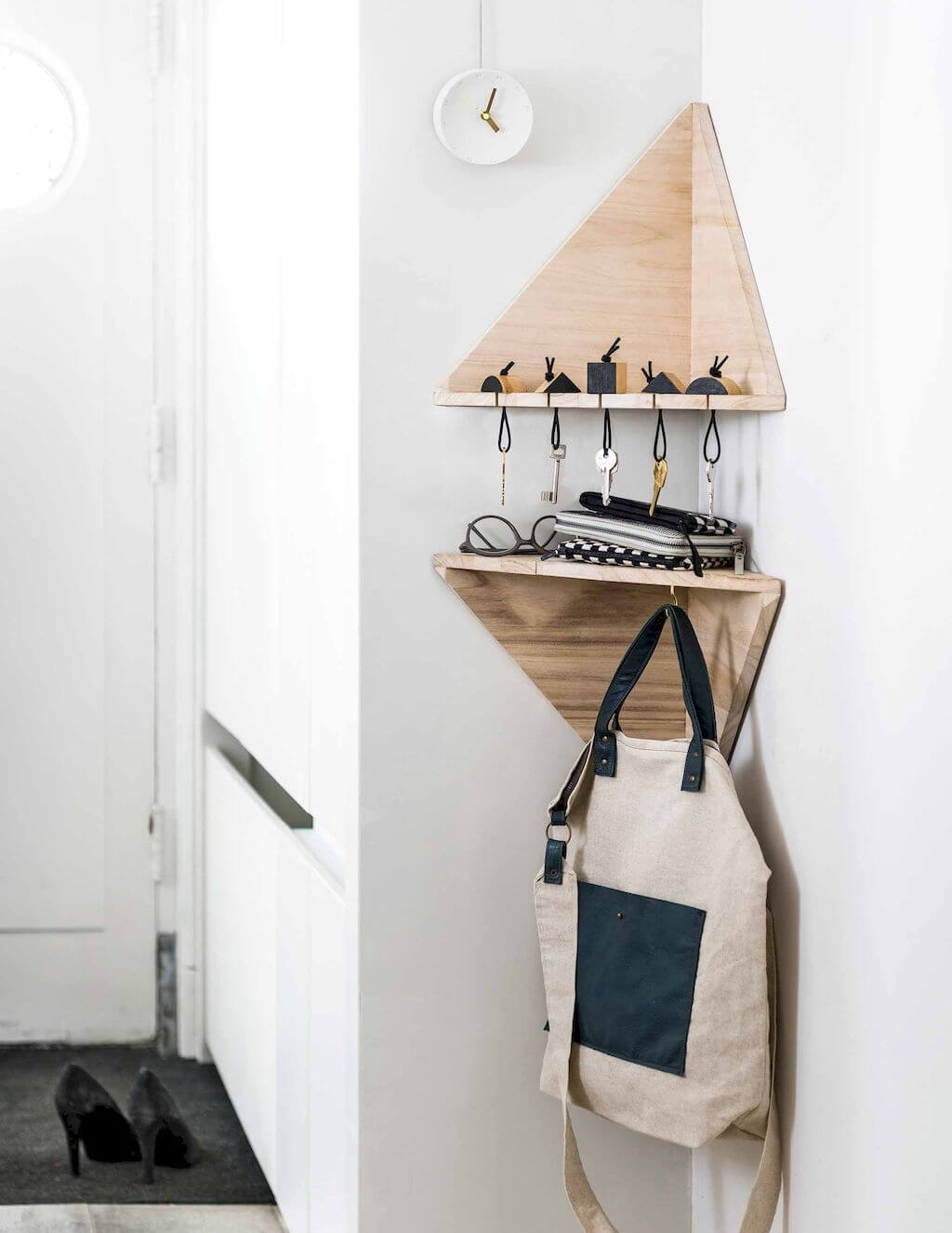 Triangular Corner Shelves With Integrated Key Hooks
