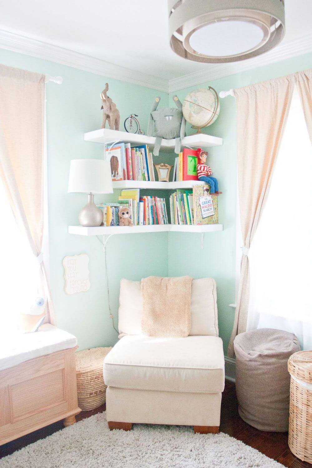 Floating Corner Shelves Organize Books and Toys