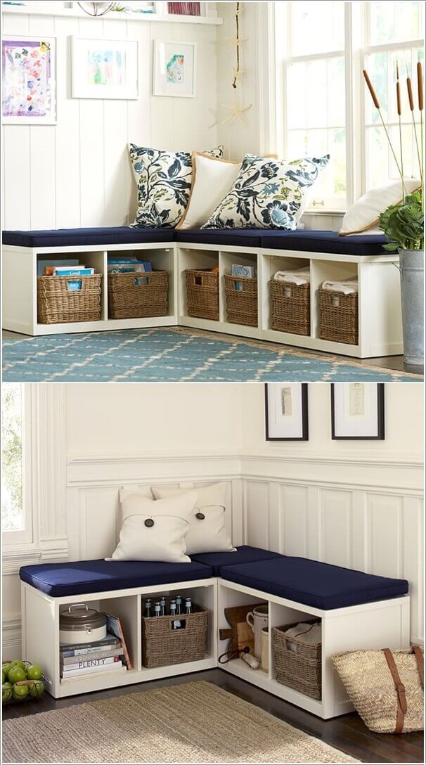 Corner Bench Cubbies With Woven Baskets Keep Items Tucked Away