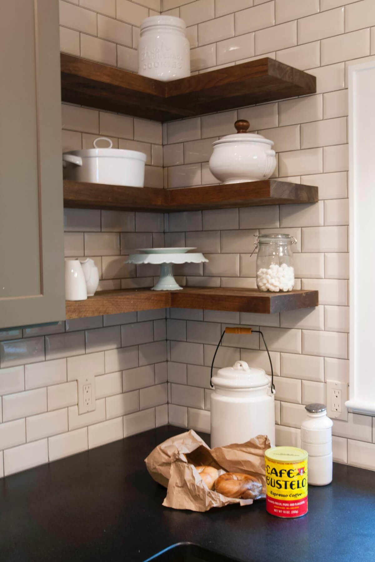 Floating Wooden Shelves Add Open Storage Above Countertops