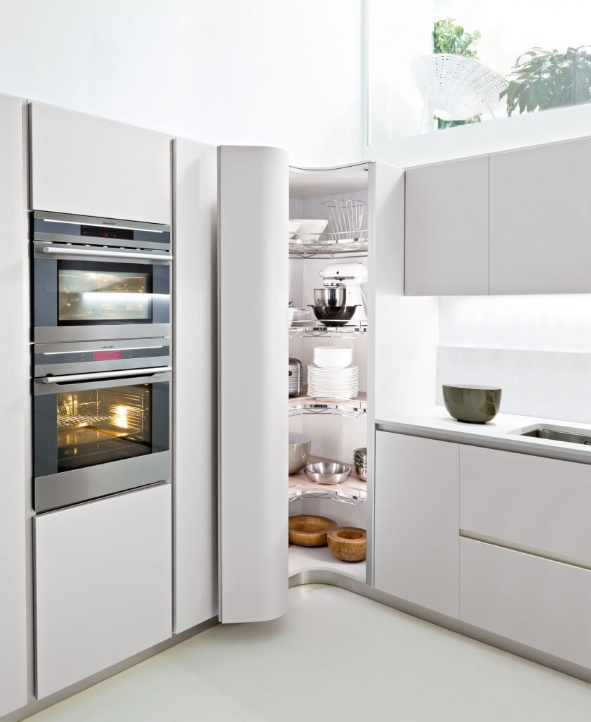 Curved Corner Cabinet With Tiered Shelving for Kitchenware