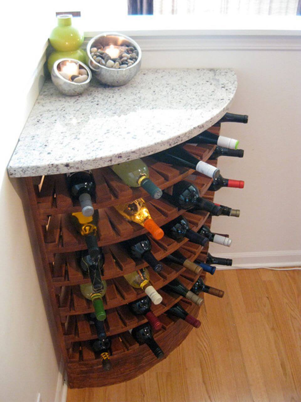 Corner Wine Rack With Tiered Shelves Holds Dozens Of Bottles