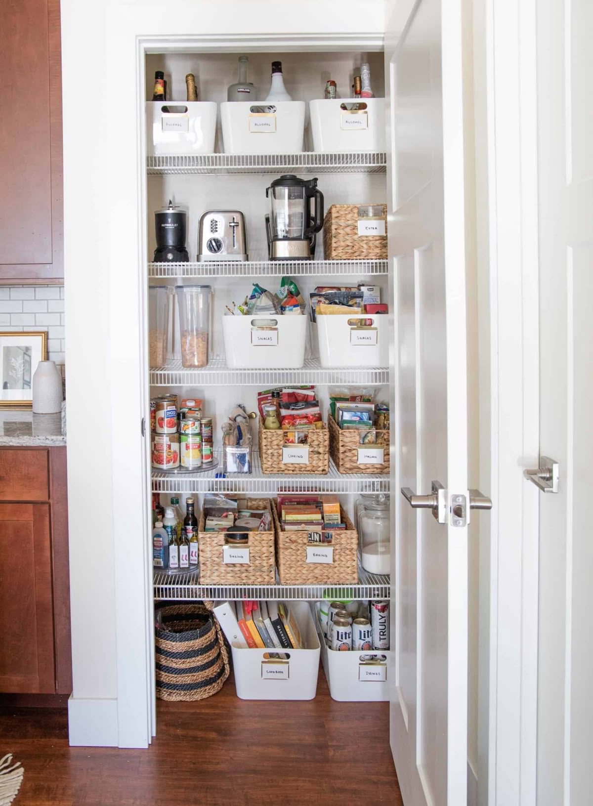 Woven Bins to Organize Canned Goods and Baking Supplies
