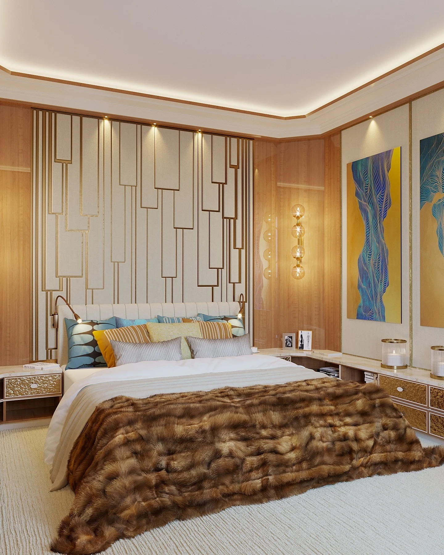 Geometric Gold Accents Create a Textured Wall Panel