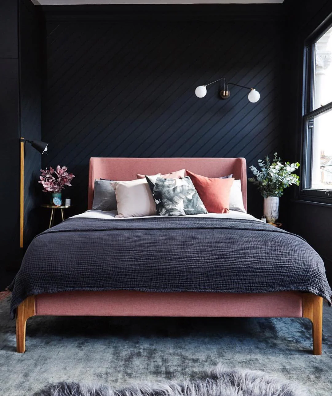 Pink Upholstered Bed Adds a Soft Geometric Anchor