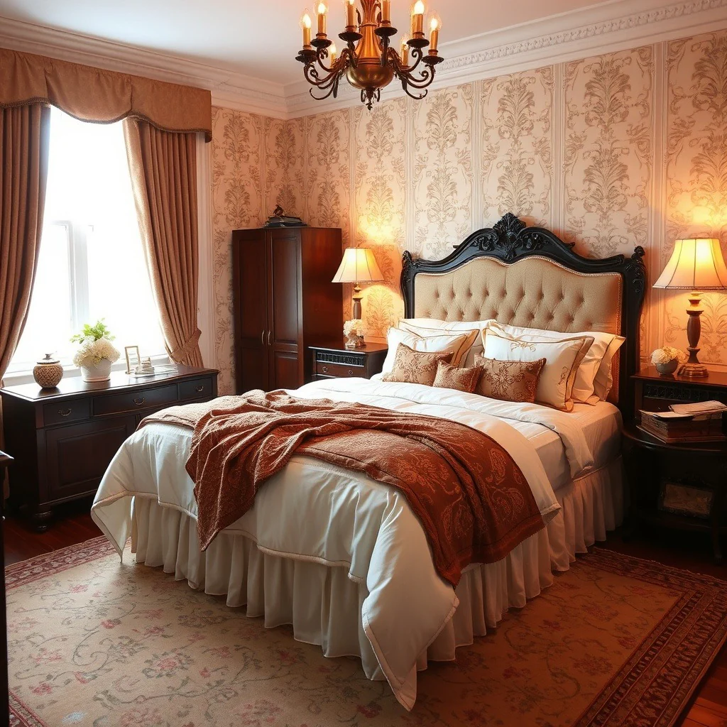 Ornate Wood-Framed Headboard Anchors the Bed
