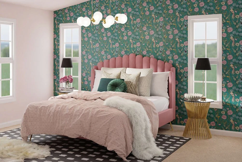 Fluted Headboard Adds Soft Vertical Lines to Pink Bed