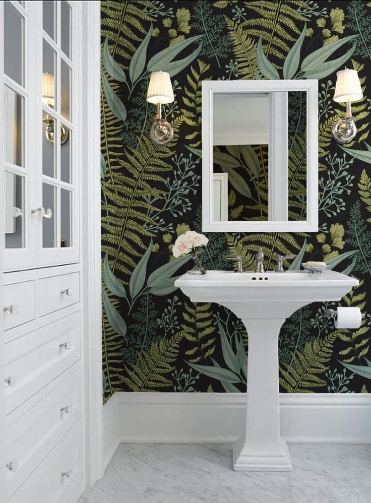 Dark Botanical Wallpaper Creates an Enchanted Forest Bathroom Feel