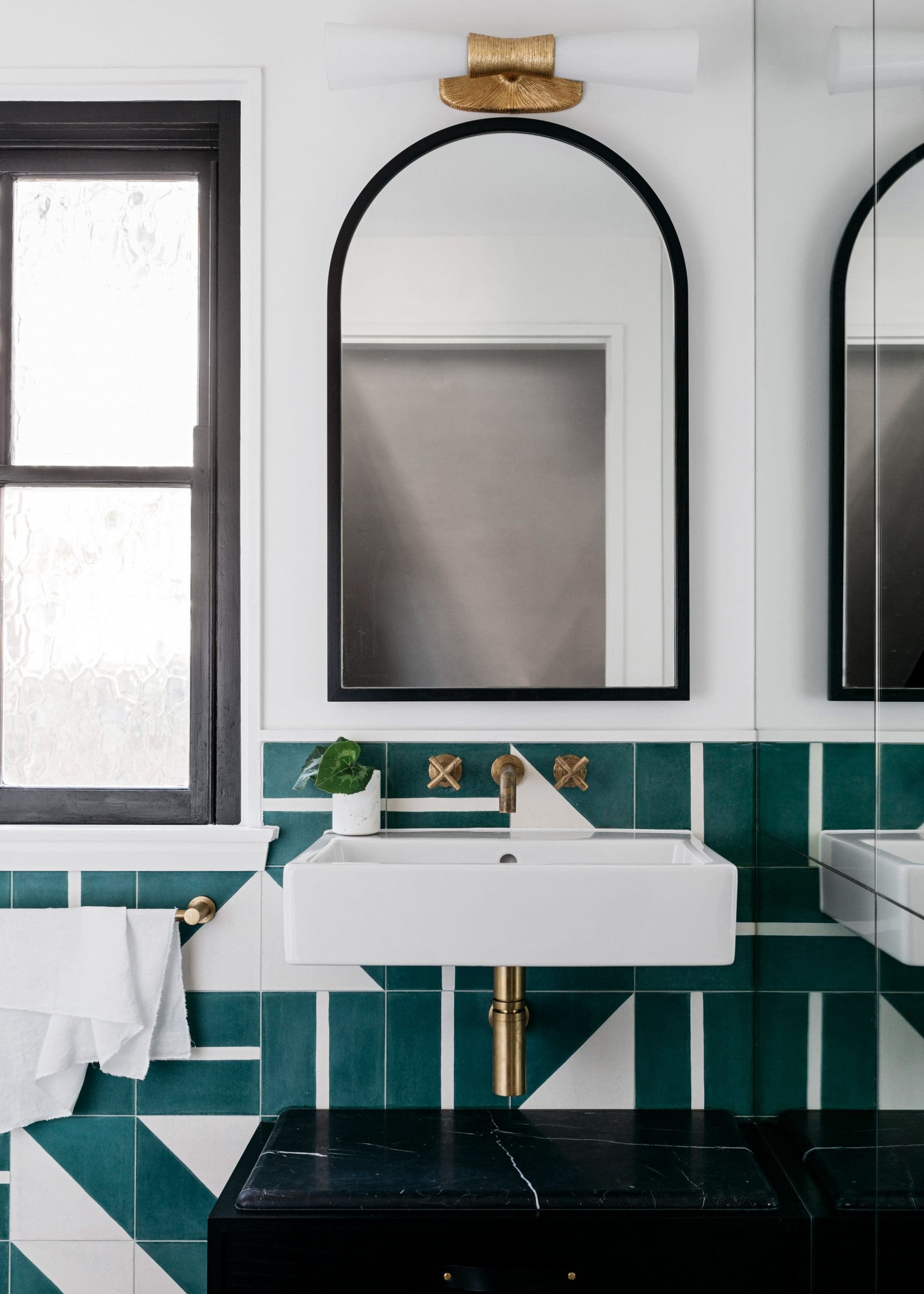 Geometric Tile Backsplash in Teal and White Creates a Modern Statement