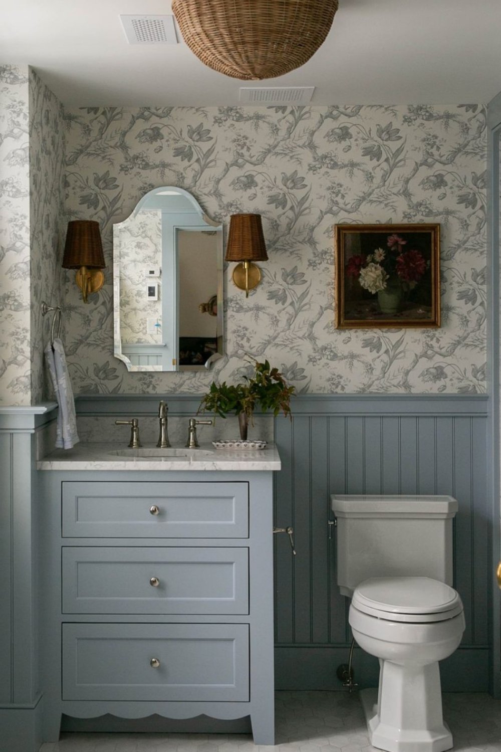 Framed Still Life Painting Adds Classic Artistry Above the Toilet