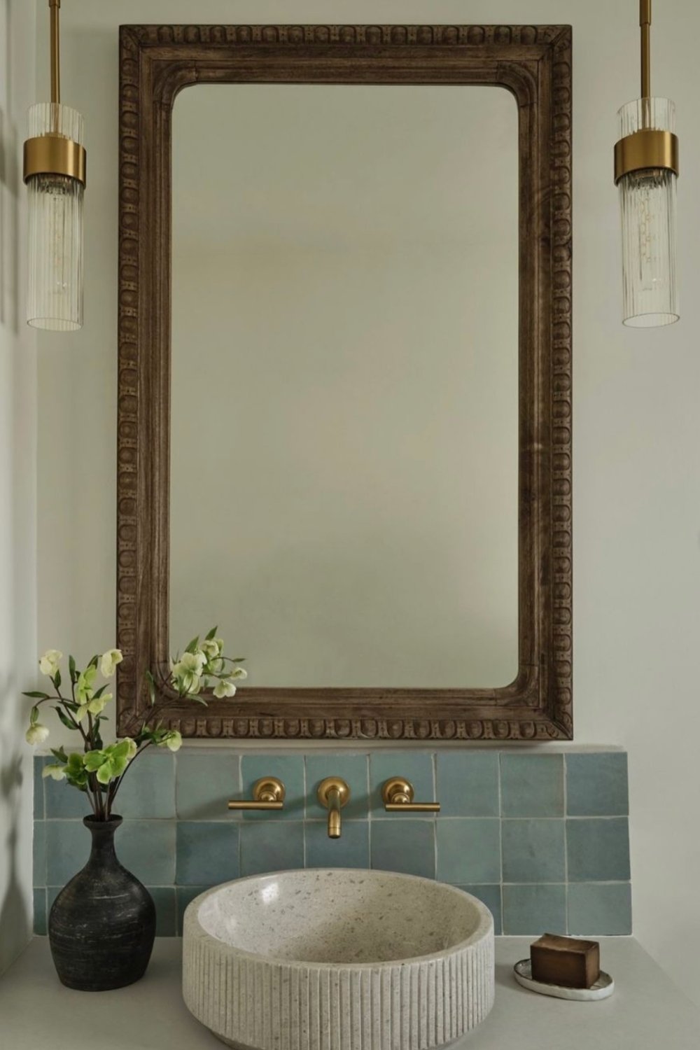 Ornate Mirror Frames Teal Tile Backsplash
