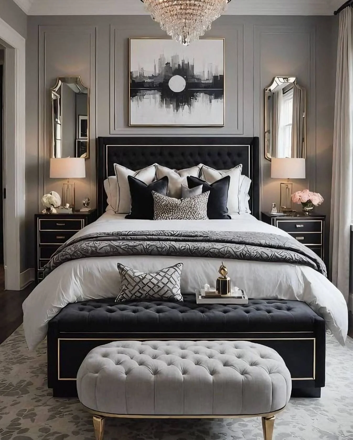 Black Tufted Storage Bench With Gold Trim