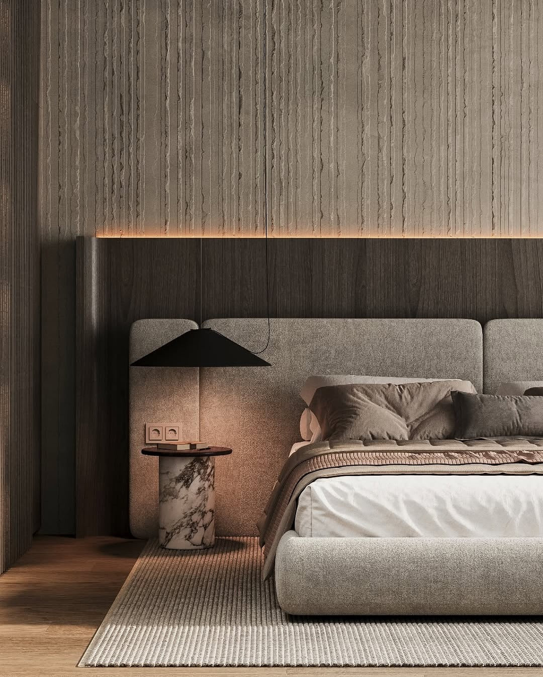 Textured Vertical Panels Add Subtle Depth Above the Bed