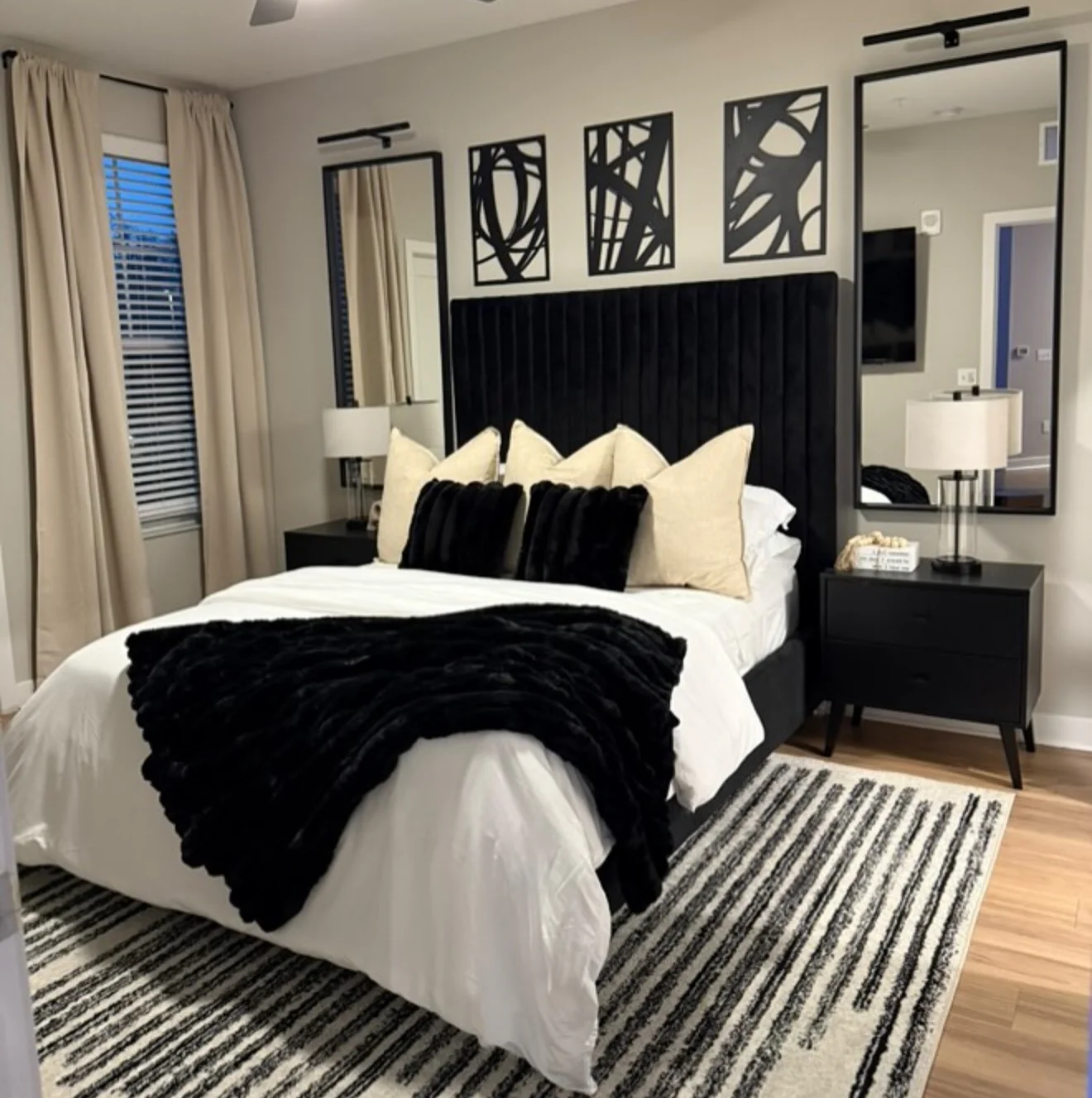 Abstract Metal Art Adds Graphic Interest Above the Bed
