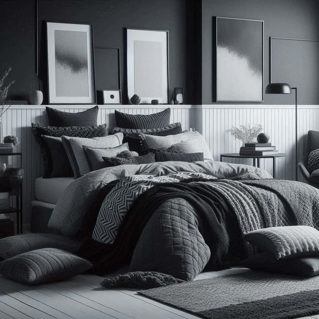 Layered Black and Grey Pillows Create Cozy Bedding