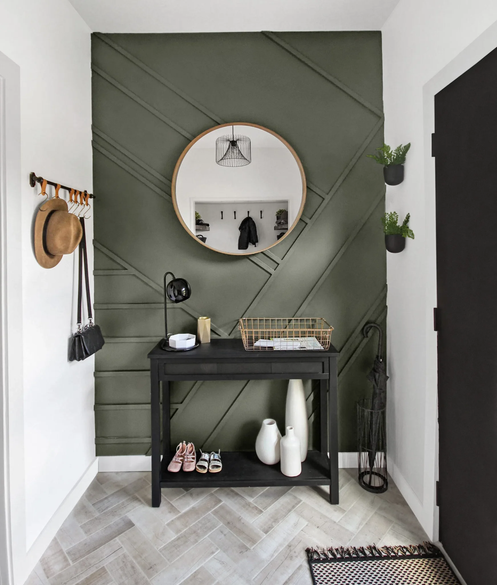 Angled Board and Batten Creates a Dynamic Entryway Accent Wall
