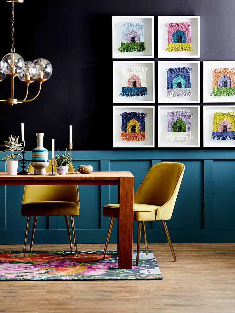 Grid of Small Framed Art Adds Cozy Color Blocks