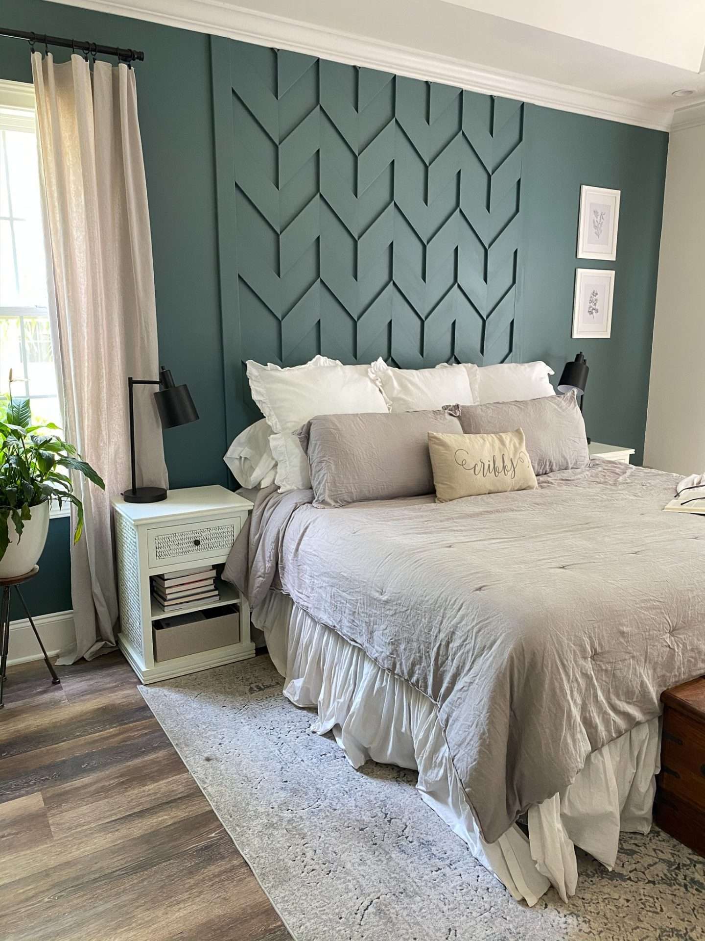 Layered Chevron Board and Batten Creates a Dramatic Headboard