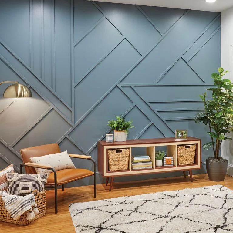 Geometric Board and Batten Walls in a Cool Slate Blue