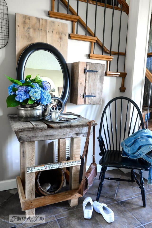 Style a Pallet Table with a Mirror and Hydrangeas