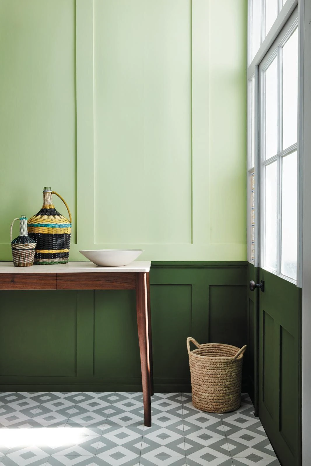 Pale Green Walls Meet Deep Green Wainscoting
