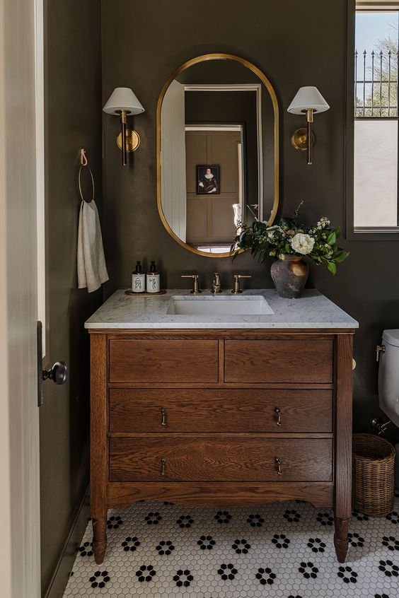 Vintage-Inspired Wood Vanity With Marble Top